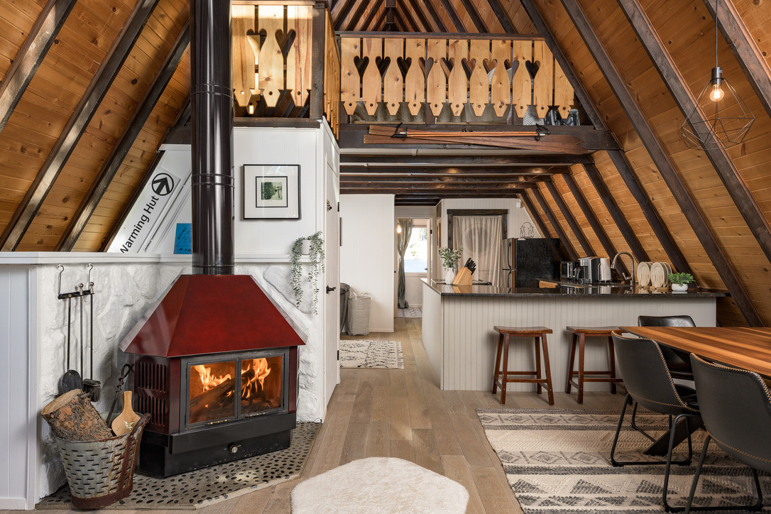 The great room, wood stove going.