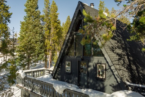 The A-frame's steep roofline rising through the pines.