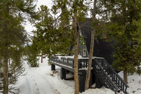 The raised deck and its stairway among snowy pines.