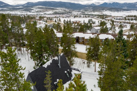 Aerial view of the snowy roof and valley.