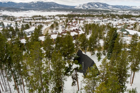 Aerial view of the roof with distant mountains.