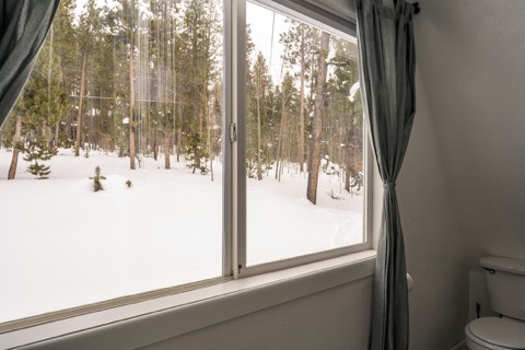 A snowy pine view from the bathroom window.